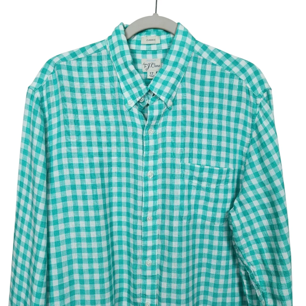 J. Crew Baird McNutt Irish Linen Green White Plaid Button Up Shirt Mens Size LT